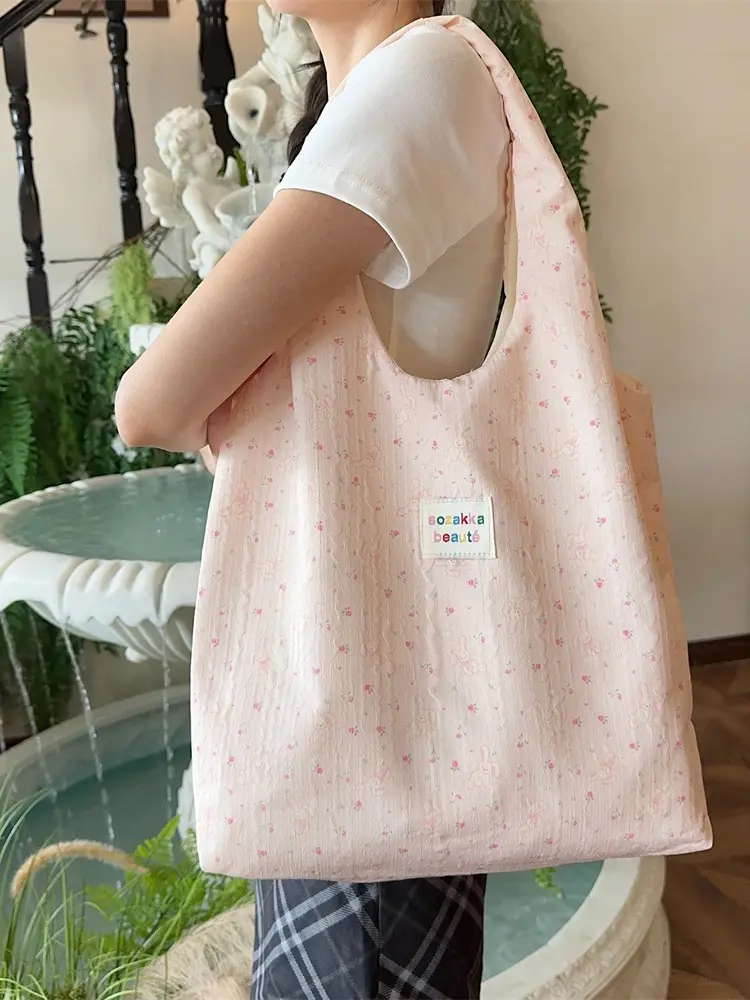 Women Canvas Shoulder Bag Classic Stripes Cute Bunny Bear Print Light Shopping Bags Girl Books Tote Lady Eco Handbag Cloth Purse