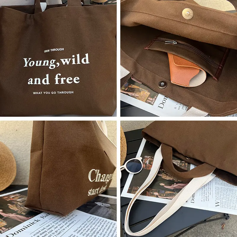 Women Brown Canvas Shoulder Bag Letter Print Large Capacity Thick Cotton Books Handbag Quality Cloth Purse Grocery Shopping Tote
