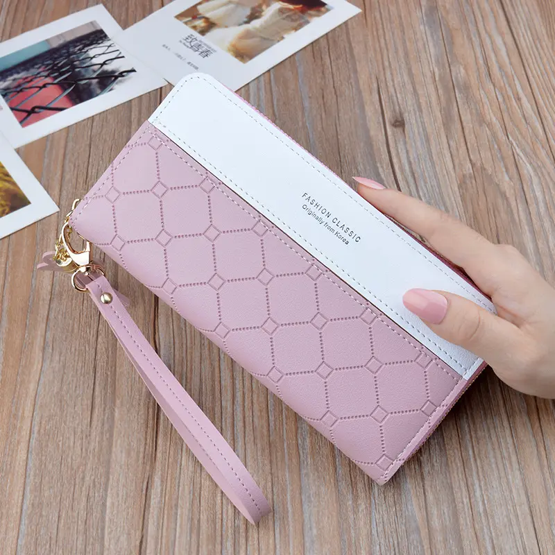 Women Long Wallet Patchwork Zipper Purse Girls Checked Embossed Tassel Wallets Cute Simple Card Holder Phone Money Clutch Bag