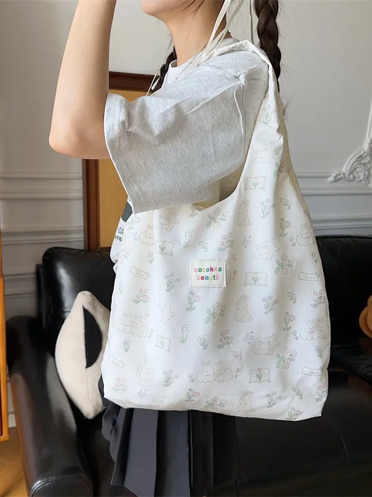 Women Canvas Shoulder Bag Classic Stripes Cute Bunny Bear Print Light Shopping Bags Girl Books Tote Lady Eco Handbag Cloth Purse