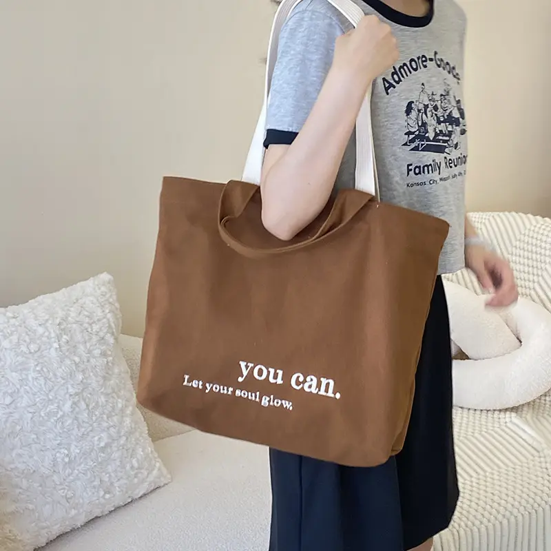 Women Brown Canvas Shoulder Bag Letter Print Large Capacity Thick Cotton Books Handbag Quality Cloth Purse Grocery Shopping Tote