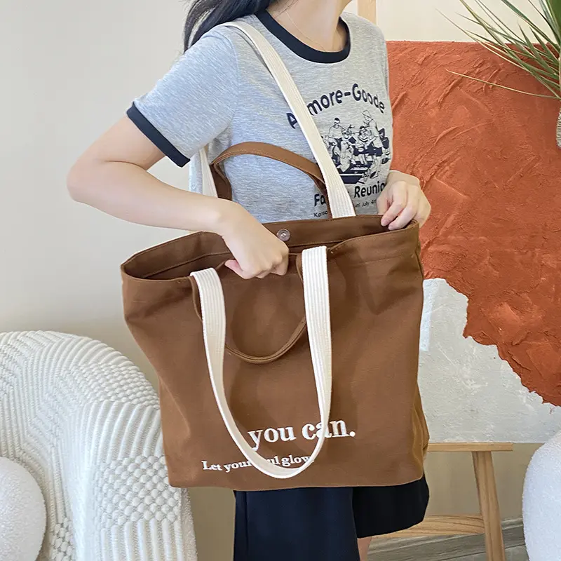 Women Brown Canvas Shoulder Bag Letter Print Large Capacity Thick Cotton Books Handbag Quality Cloth Purse Grocery Shopping Tote