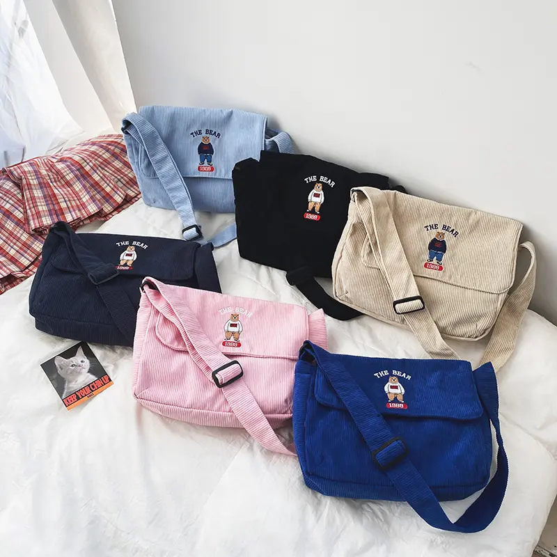 Women Canvas Bag Corduroy Stripe Cloth Cute Bear Embroidery Students School Books Messenger Crossbody Bags Casual Shoulder Bag