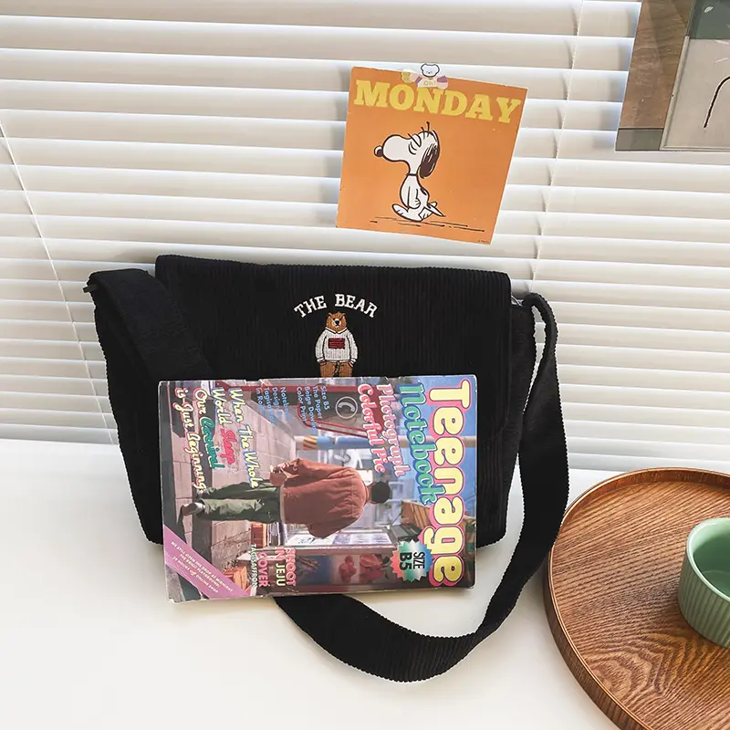 Women Canvas Bag Corduroy Stripe Cloth Cute Bear Embroidery Students School Books Messenger Crossbody Bags Casual Shoulder Bag