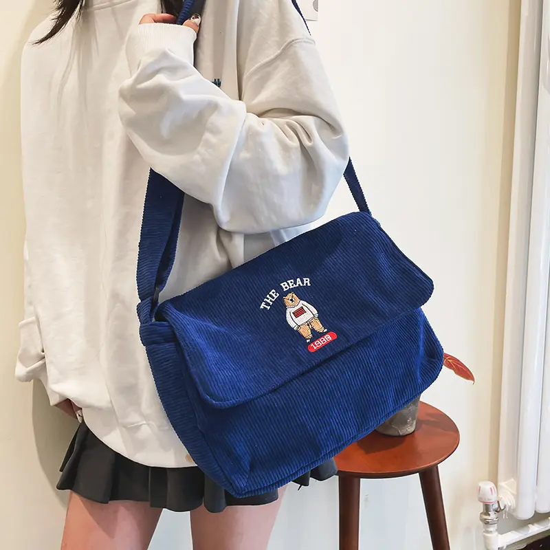 Women Canvas Bag Corduroy Stripe Cloth Cute Bear Embroidery Students School Books Messenger Crossbody Bags Casual Shoulder Bag