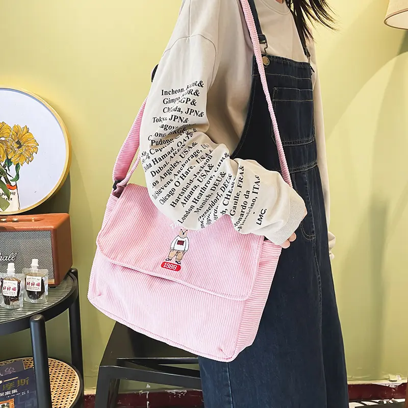 Women Canvas Bag Corduroy Stripe Cloth Cute Bear Embroidery Students School Books Messenger Crossbody Bags Casual Shoulder Bag