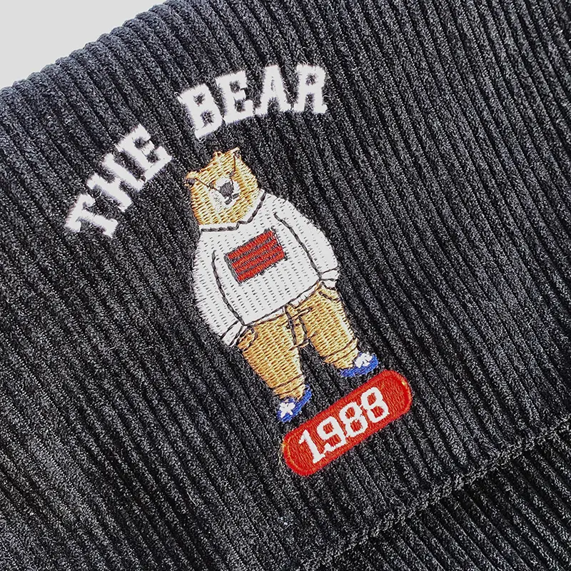 Women Canvas Bag Corduroy Stripe Cloth Cute Bear Embroidery Students School Books Messenger Crossbody Bags Casual Shoulder Bag