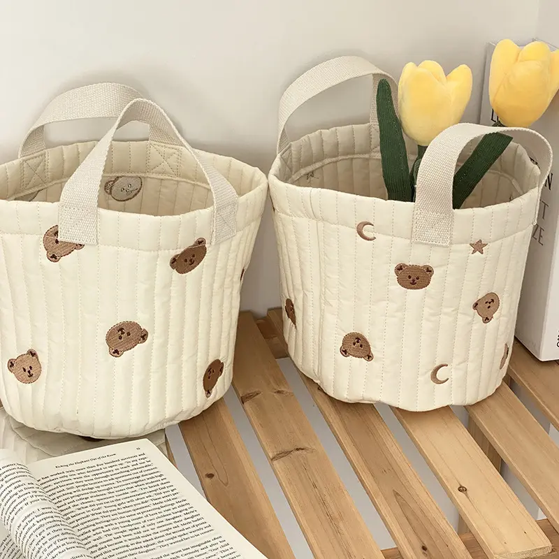 Bear Embroidery Women Lunch Bag Soft Canvas Quilting Design Food Storage Bucket Handbag Makeup Cosmetic Organizer Small Tote