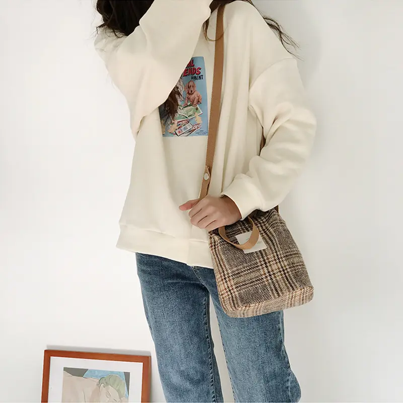Women Cute Shoulder Bag Woolen Canvas Small Cotton Handbag Totes Ladies Casual Vintage Plaid Purse Cloth Bucket Pouch For Girls