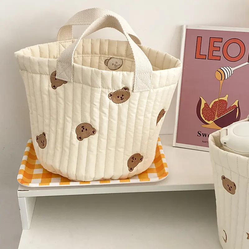 Bear Embroidery Women Lunch Bag Soft Canvas Quilting Design Food Storage Bucket Handbag Makeup Cosmetic Organizer Small Tote