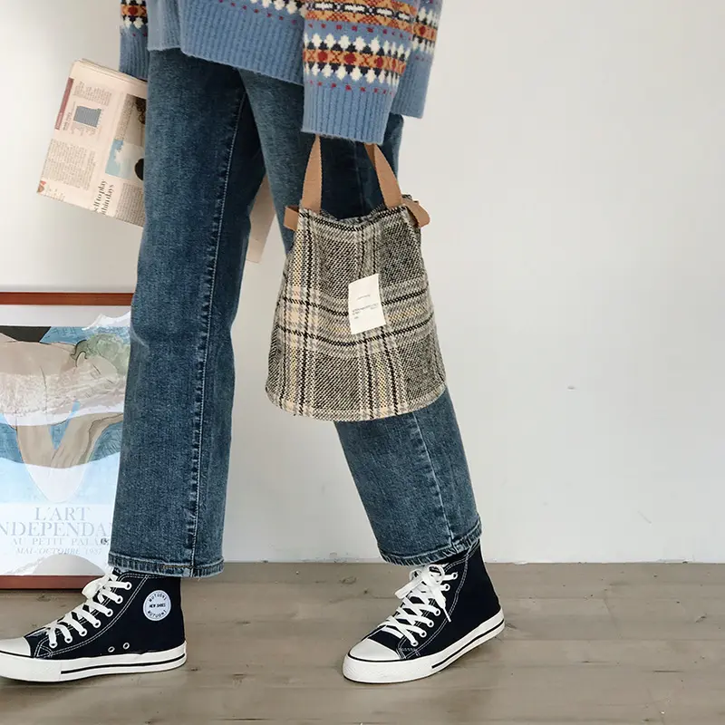 Women Cute Shoulder Bag Woolen Canvas Small Cotton Handbag Totes Ladies Casual Vintage Plaid Purse Cloth Bucket Pouch For Girls