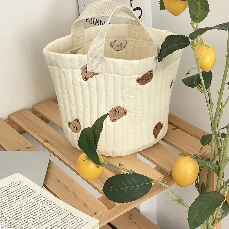 Bear Embroidery Women Lunch Bag Soft Canvas Quilting Design Food Storage Bucket Handbag Makeup Cosmetic Organizer Small Tote