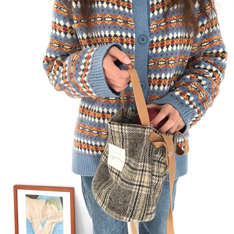 Women Cute Shoulder Bag Woolen Canvas Small Cotton Handbag Totes Ladies Casual Vintage Plaid Purse Cloth Bucket Pouch For Girls