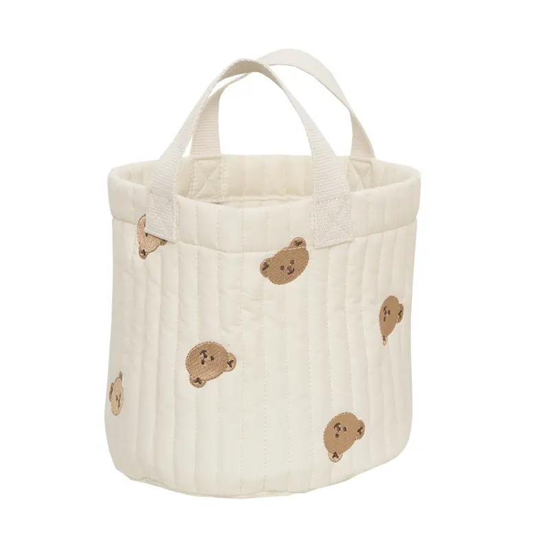 Bear Embroidery Women Lunch Bag Soft Canvas Quilting Design Food Storage Bucket Handbag Makeup Cosmetic Organizer Small Tote