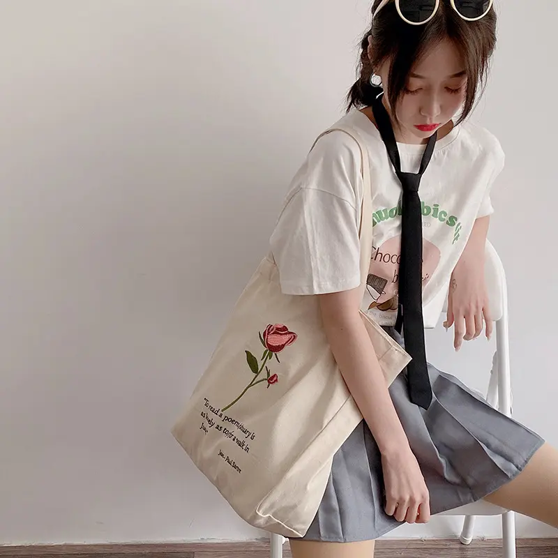 Women Canvas Shoulder Bag Jean-Paul Sartre Rose Embroidery Shopping Bag Cotton Cloth Handbag Tote Books Bags For College Girls