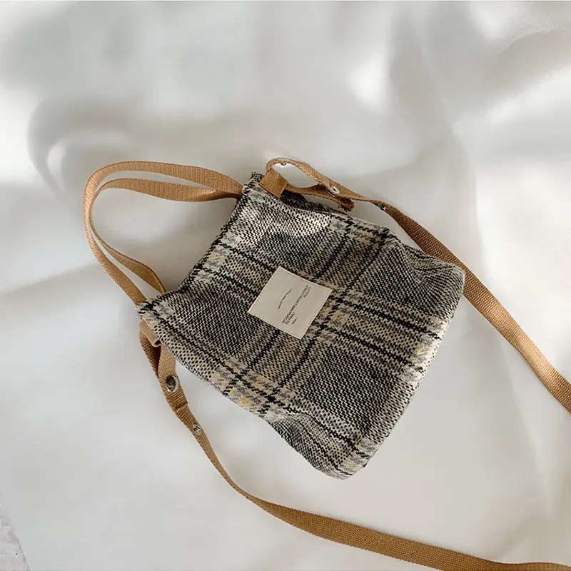 Women Cute Shoulder Bag Woolen Canvas Small Cotton Handbag Totes Ladies Casual Vintage Plaid Purse Cloth Bucket Pouch For Girls