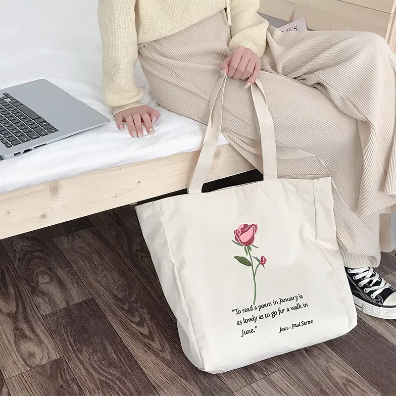 Women Canvas Shoulder Bag Jean-Paul Sartre Rose Embroidery Shopping Bag Cotton Cloth Handbag Tote Books Bags For College Girls