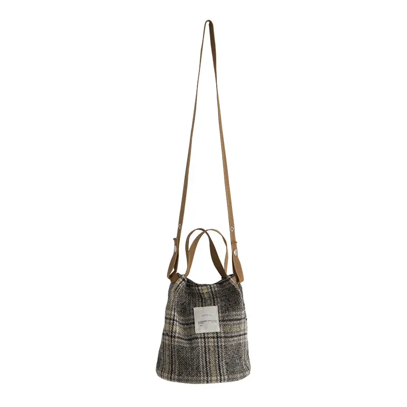 Women Cute Shoulder Bag Woolen Canvas Small Cotton Handbag Totes Ladies Casual Vintage Plaid Purse Cloth Bucket Pouch For Girls