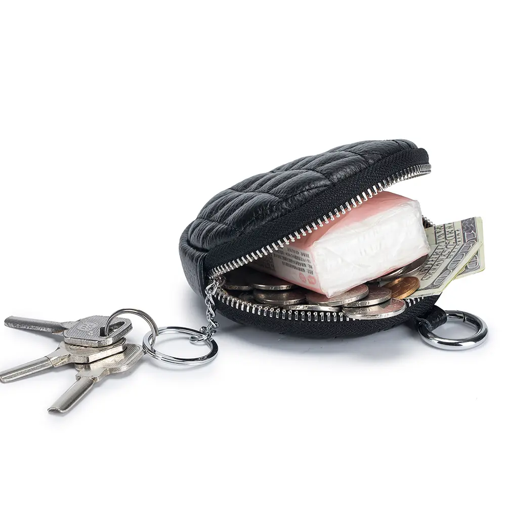Real Leather Women Coin Purse Diamond Stitching Circle Wallet Mini Organizer Case Small Money Bag Cute Pouch For Keys Earphone