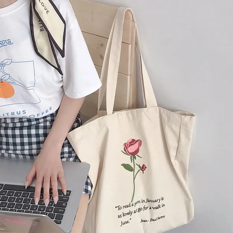 Women Canvas Shoulder Bag Jean-Paul Sartre Rose Embroidery Shopping Bag Cotton Cloth Handbag Tote Books Bags For College Girls