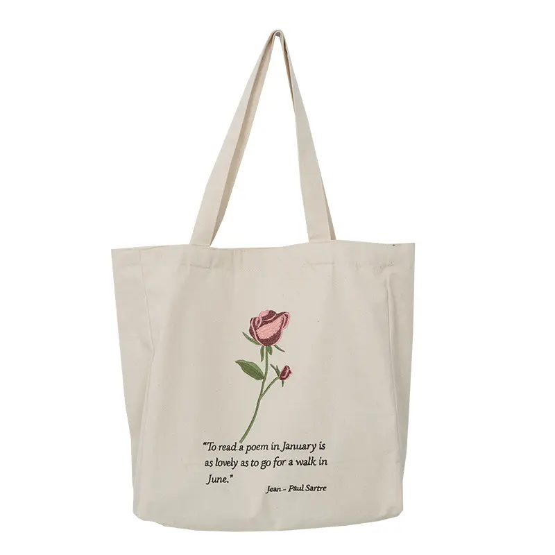 Women Canvas Shoulder Bag Jean-Paul Sartre Rose Embroidery Shopping Bag Cotton Cloth Handbag Tote Books Bags For College Girls