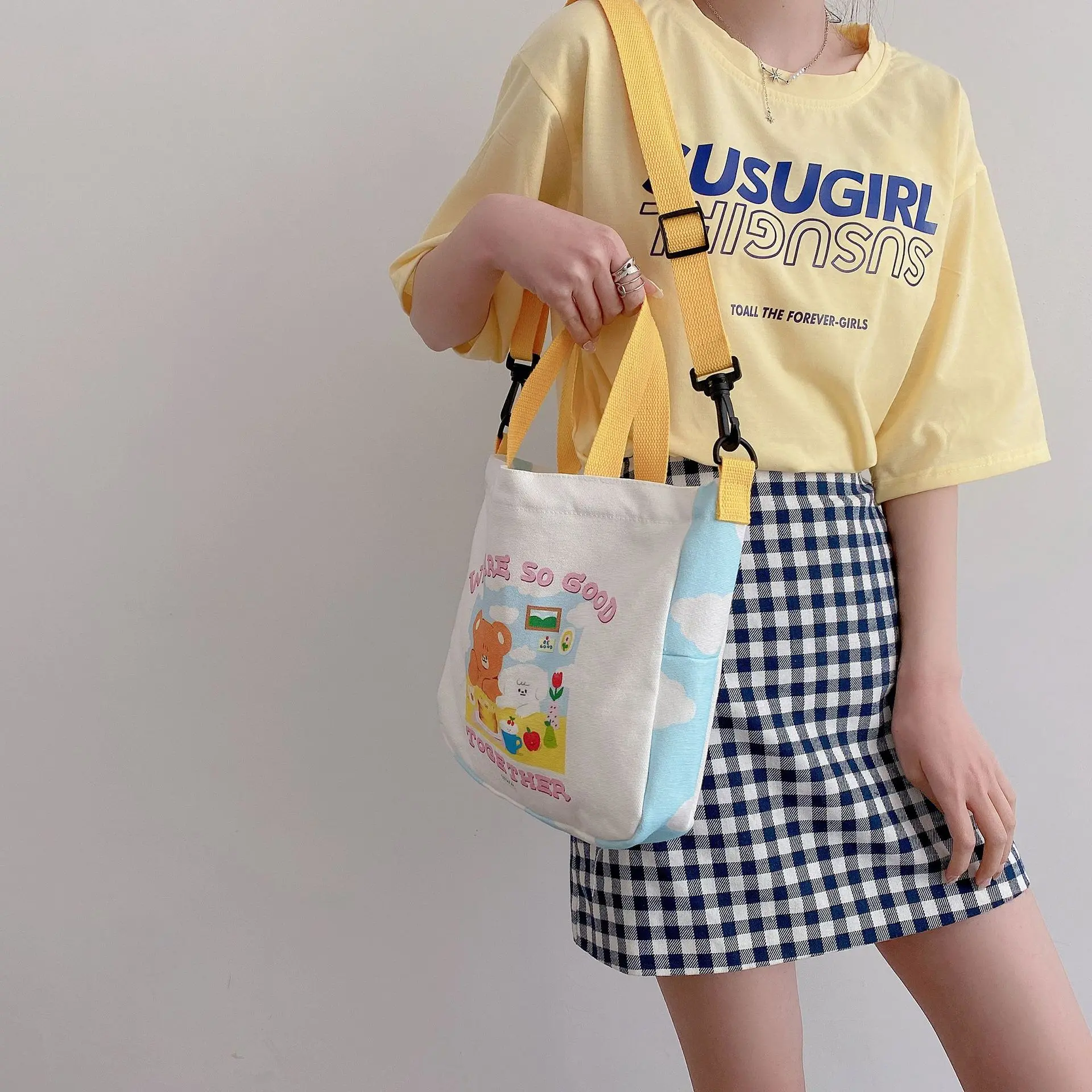 Women Canvas Shoulder Bag Cute Cartoon Print Books Bag For College Girl Large Capacity Shopping Bag Cotton Cloth Fabric Big Tote