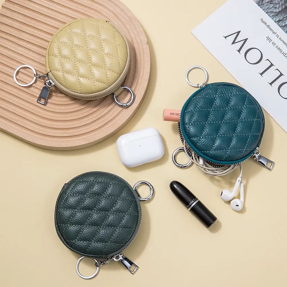 Real Leather Women Coin Purse Diamond Stitching Circle Wallet Mini Organizer Case Small Money Bag Cute Pouch For Keys Earphone