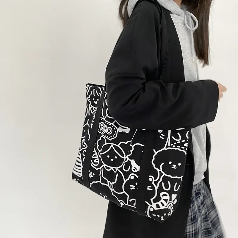 Women Canvas Shoulder Bag Cute illustration Books Bag For College Girl Large Capacity Shopping Bags Cotton Cloth Fabric Big Tote