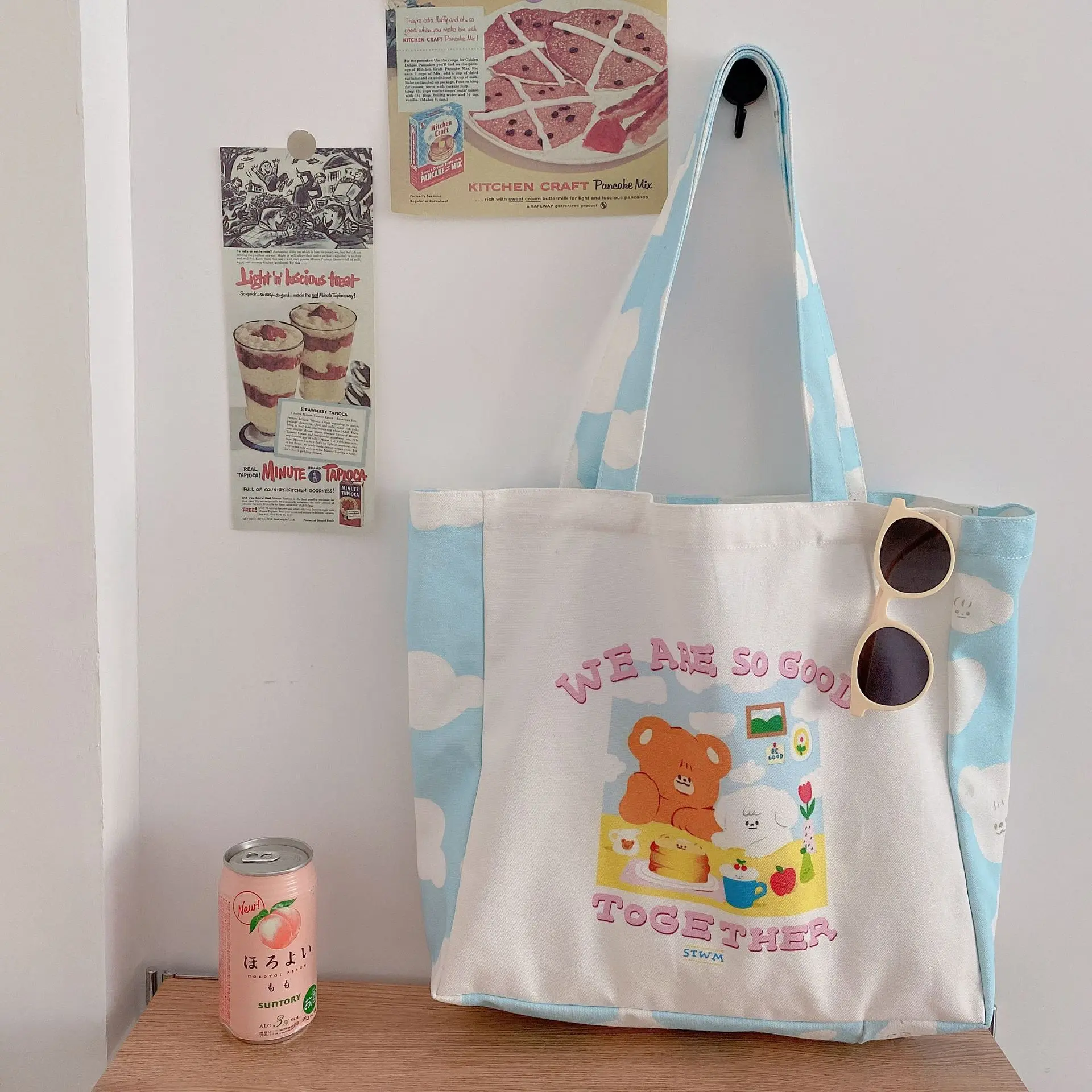 Women Canvas Shoulder Bag Cute Cartoon Print Books Bag For College Girl Large Capacity Shopping Bag Cotton Cloth Fabric Big Tote