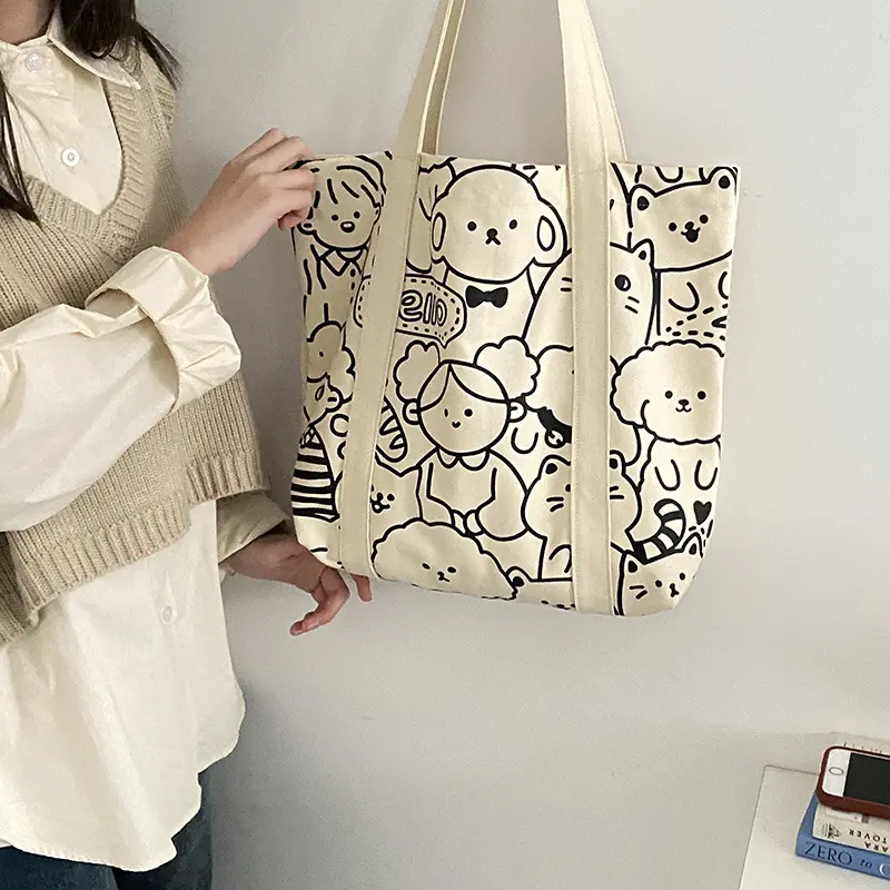 Women Canvas Shoulder Bag Cute illustration Books Bag For College Girl Large Capacity Shopping Bags Cotton Cloth Fabric Big Tote