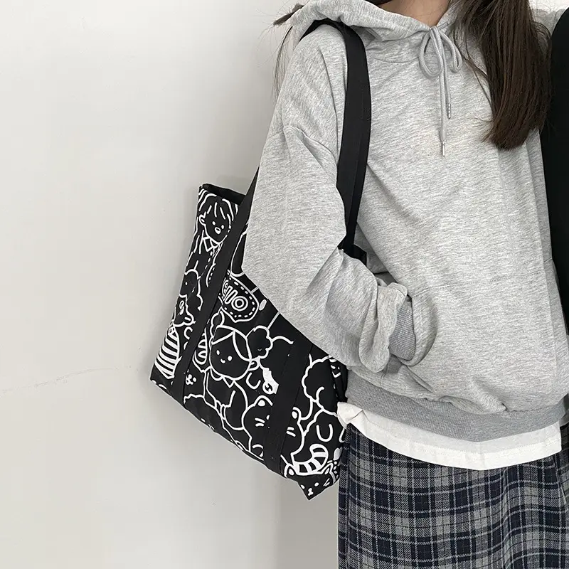 Women Canvas Shoulder Bag Cute illustration Books Bag For College Girl Large Capacity Shopping Bags Cotton Cloth Fabric Big Tote