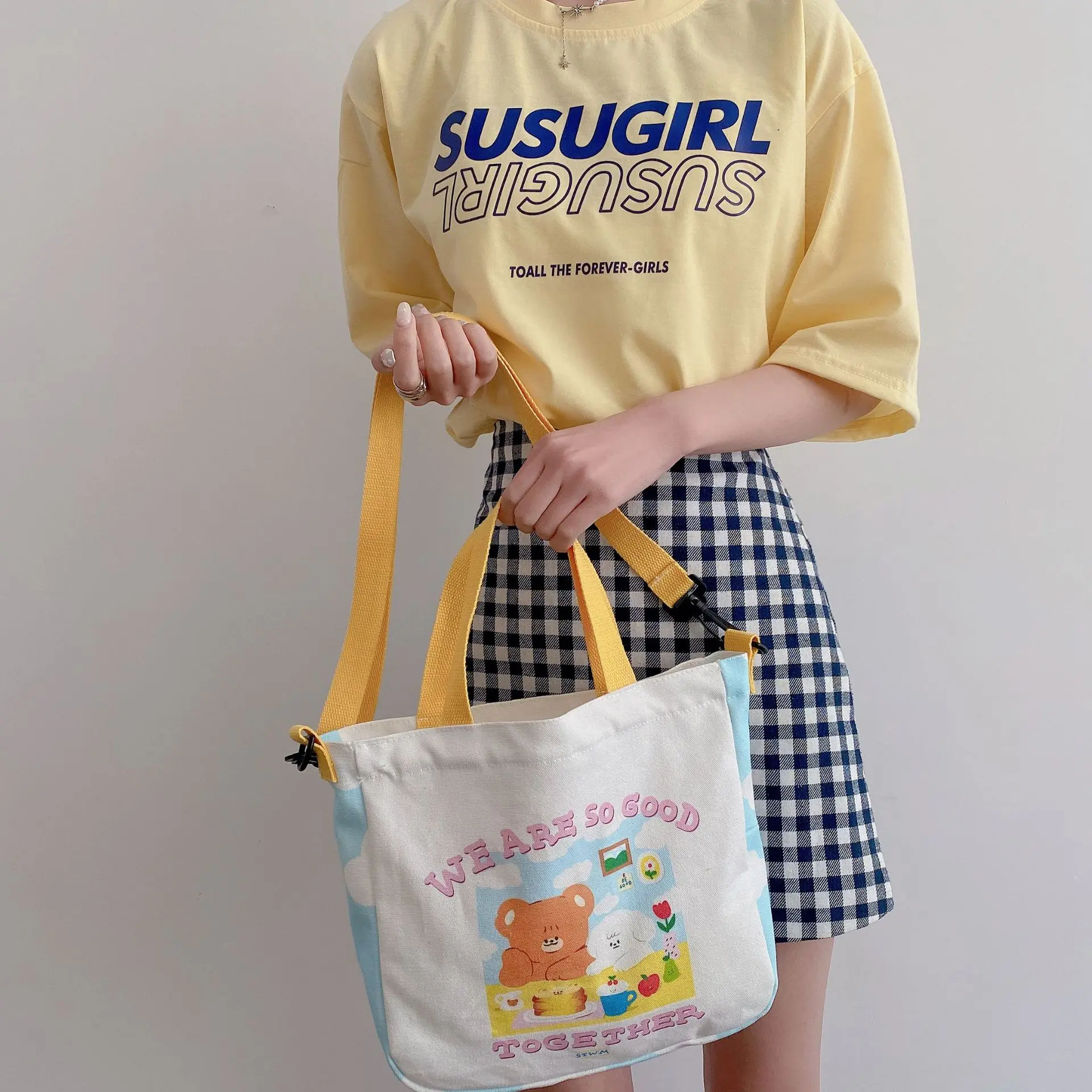 Women Canvas Shoulder Bag Cute Cartoon Print Books Bag For College Girl Large Capacity Shopping Bag Cotton Cloth Fabric Big Tote