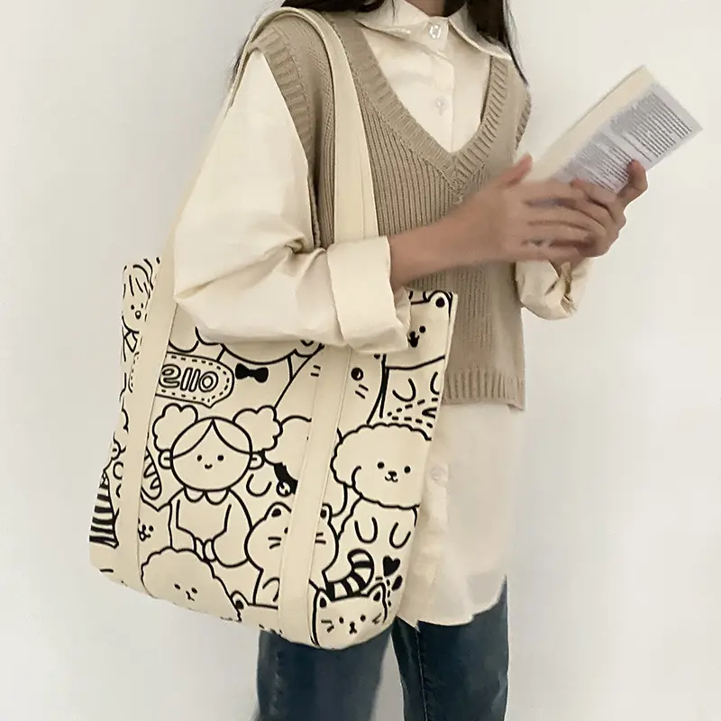 Women Canvas Shoulder Bag Cute illustration Books Bag For College Girl Large Capacity Shopping Bags Cotton Cloth Fabric Big Tote