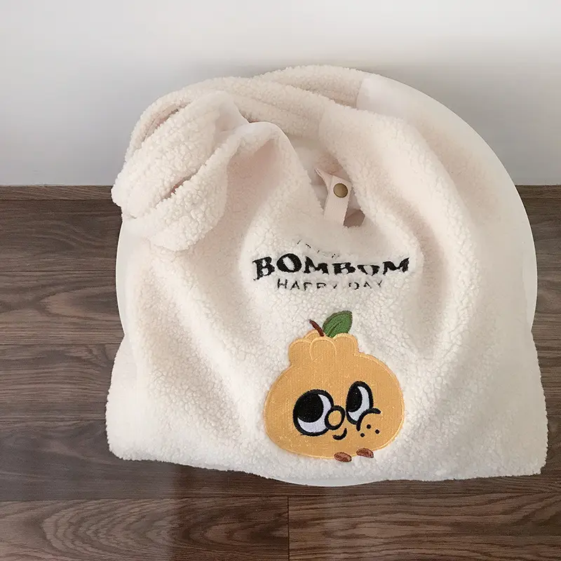 Women Berber Fleece Fabric Shoulder Bag Plush Handbag Embroidery Canvas Tote Large Capacity Shopping Bag Cute Book Bags For Girl