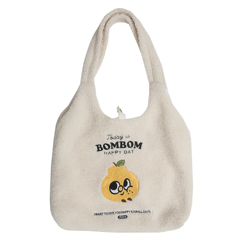 Women Berber Fleece Fabric Shoulder Bag Plush Handbag Embroidery Canvas Tote Large Capacity Shopping Bag Cute Book Bags For Girl