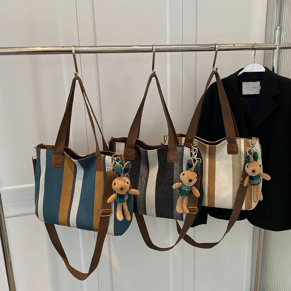 Women Thick Cloth Shoulder Bag Female Striped Canvas Handbag Ladies Crossbody Messenger Bag Commuter Big Zipper Purse Books Tote