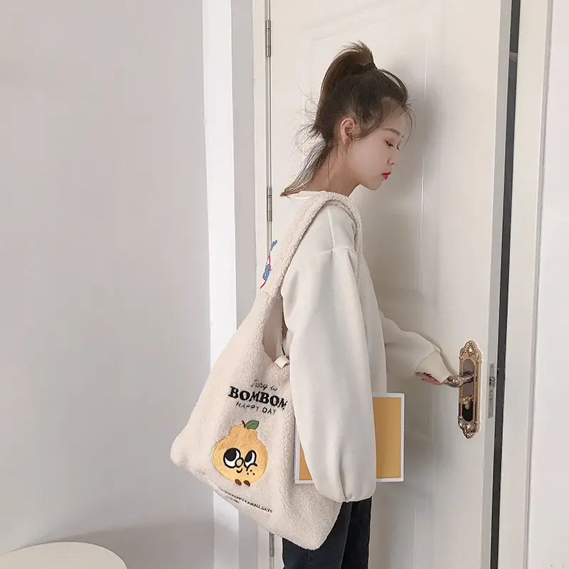 Women Berber Fleece Fabric Shoulder Bag Plush Handbag Embroidery Canvas Tote Large Capacity Shopping Bag Cute Book Bags For Girl