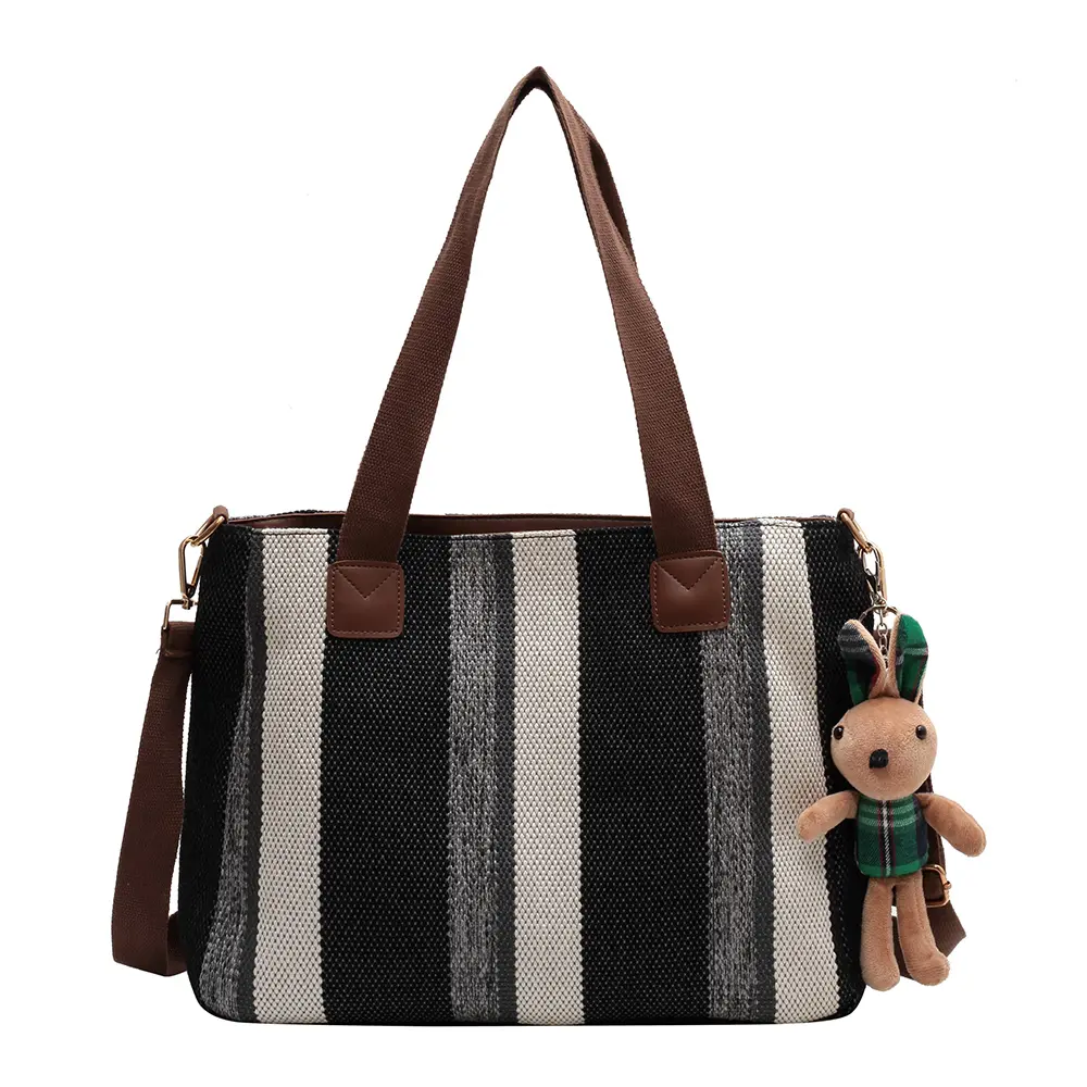 Women Thick Cloth Shoulder Bag Female Striped Canvas Handbag Ladies Crossbody Messenger Bag Commuter Big Zipper Purse Books Tote
