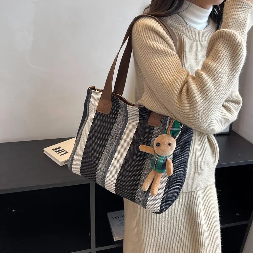 Women Thick Cloth Shoulder Bag Female Striped Canvas Handbag Ladies Crossbody Messenger Bag Commuter Big Zipper Purse Books Tote