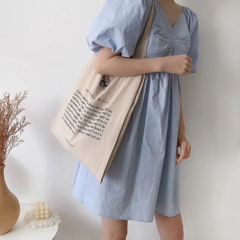 Lightweight Cotton Linen Women Canvas Shoulder Bags Eco Shopping Bag Double Pockets Large Capacity Handbag Tote Butterfly Print