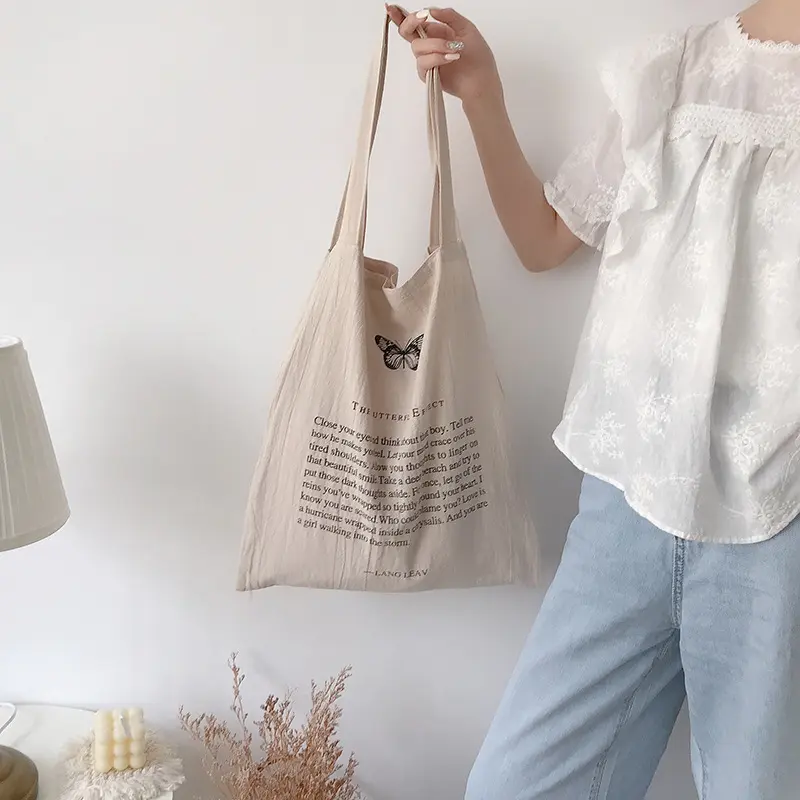 Lightweight Cotton Linen Women Canvas Shoulder Bags Eco Shopping Bag Double Pockets Large Capacity Handbag Tote Butterfly Print