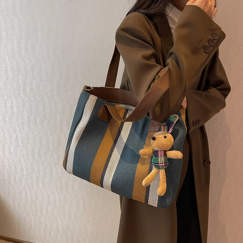 Women Thick Cloth Shoulder Bag Female Striped Canvas Handbag Ladies Crossbody Messenger Bag Commuter Big Zipper Purse Books Tote