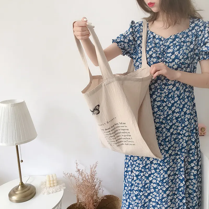 Lightweight Cotton Linen Women Canvas Shoulder Bags Eco Shopping Bag Double Pockets Large Capacity Handbag Tote Butterfly Print