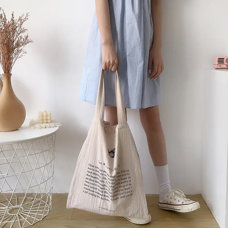 Lightweight Cotton Linen Women Canvas Shoulder Bags Eco Shopping Bag Double Pockets Large Capacity Handbag Tote Butterfly Print