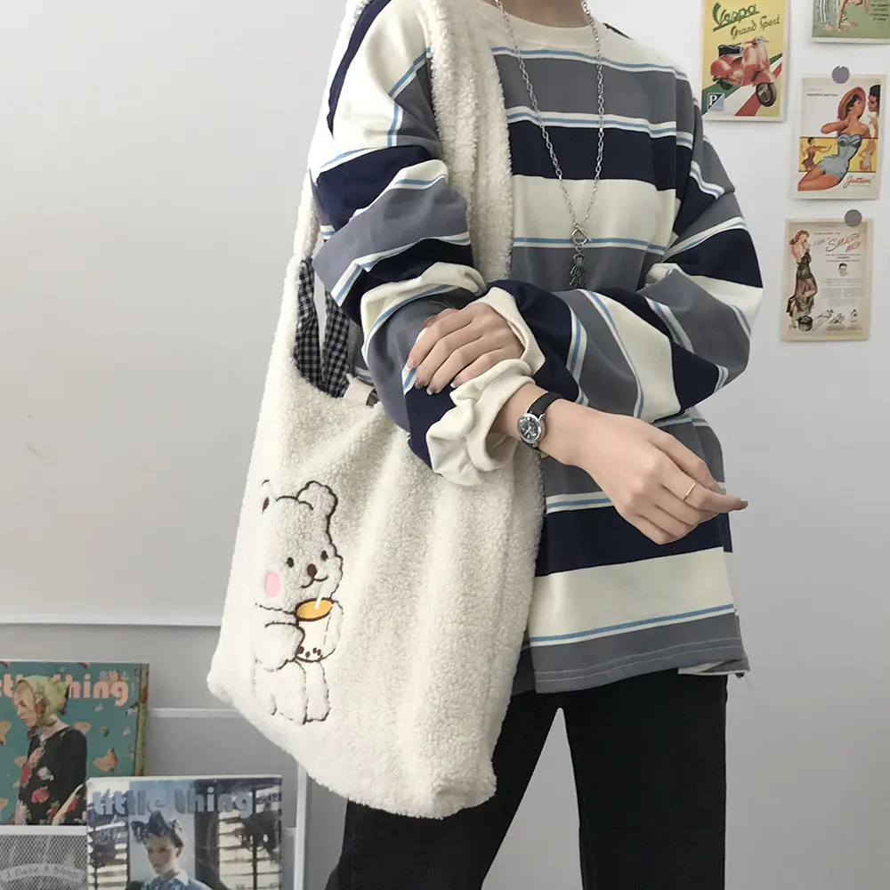 Women Canvas Shoulder Bag Warm Plush Cloth Fabric Handbag Soft Cotton Tote Large Capacity Embroidery Bear Book Bags For Ladies