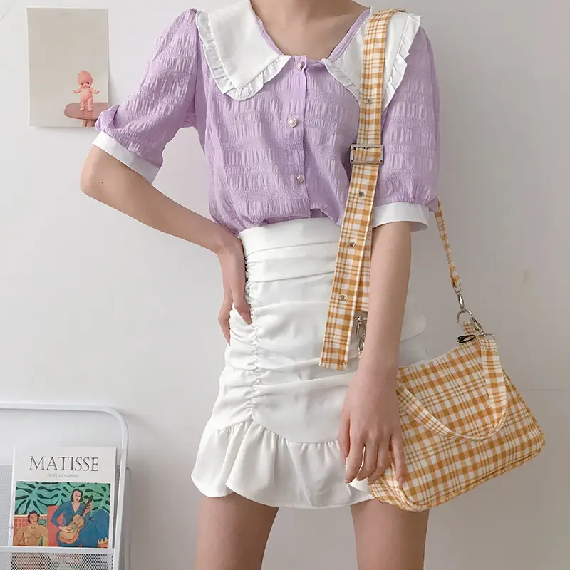 Cute gingham Women Canvas Shoulder Bag Ladies' Checked Print Woolen Cloth Crossbody Bags Half Moon Handbag Plaid Tote for Girls