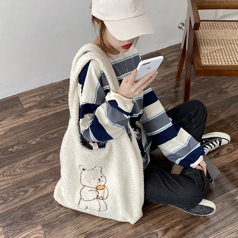 Women Canvas Shoulder Bag Warm Plush Cloth Fabric Handbag Soft Cotton Tote Large Capacity Embroidery Bear Book Bags For Ladies