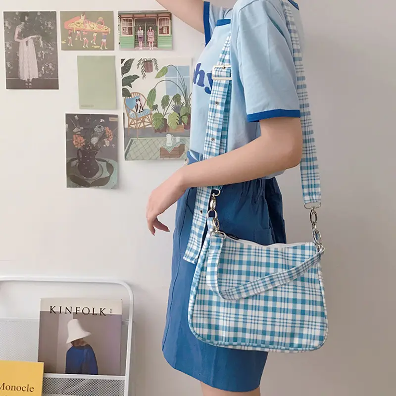Cute gingham Women Canvas Shoulder Bag Ladies' Checked Print Woolen Cloth Crossbody Bags Half Moon Handbag Plaid Tote for Girls