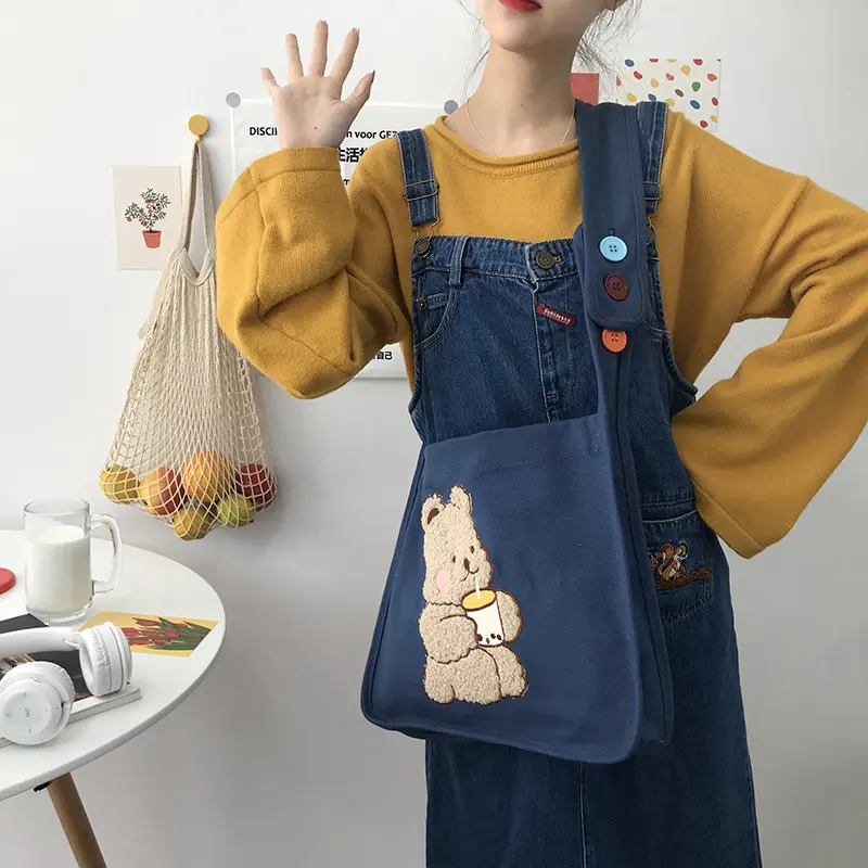 Women Canvas Shoulder Bag Warm Plush Cloth Fabric Handbag Soft Cotton Tote Large Capacity Embroidery Bear Book Bags For Ladies