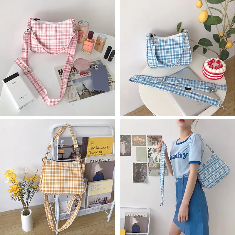 Cute gingham Women Canvas Shoulder Bag Ladies' Checked Print Woolen Cloth Crossbody Bags Half Moon Handbag Plaid Tote for Girls
